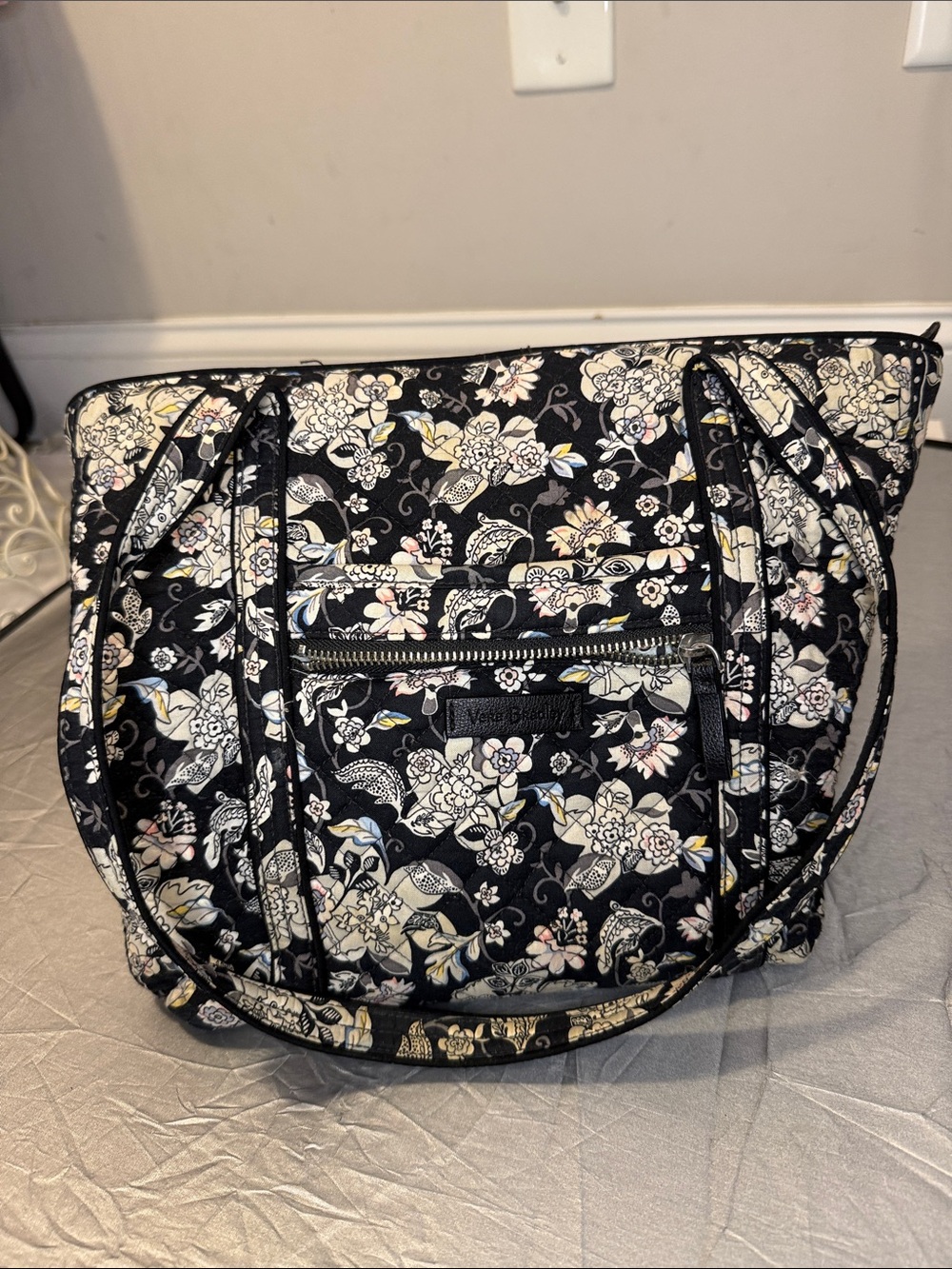 Vera Bradley Black Quilted Floral Tote with Cream & Pink Accents pls read
